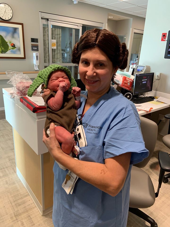 Babies don Baby Yoda caps at Franciscan Health hospitals